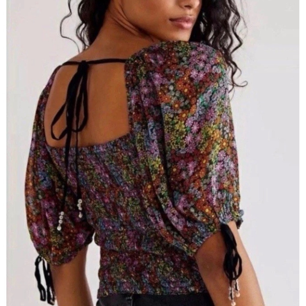 Free People Smocked To Perfection Top M Dark Combo Floral Puff Sleeve Boho NWT